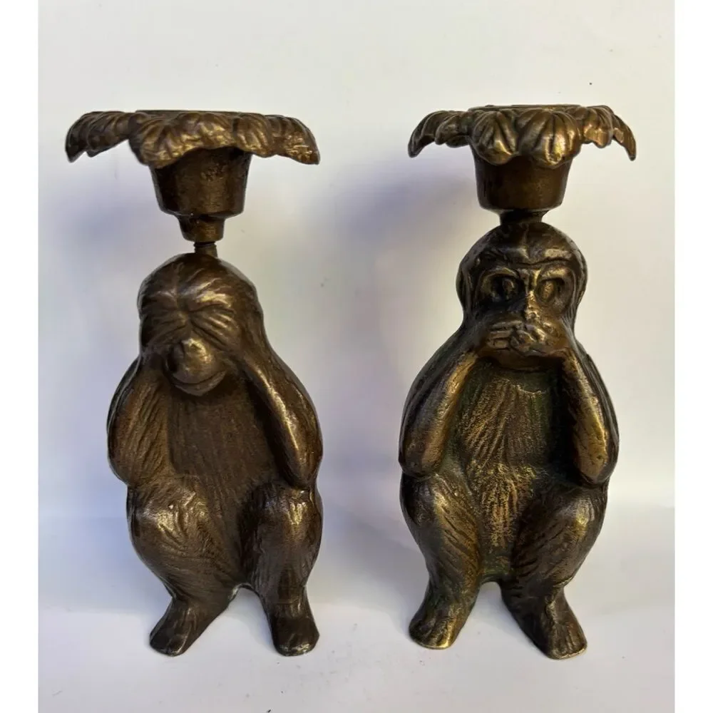 Vintage  Cast Bronze San Pacific 2 Monkey Candle Holders